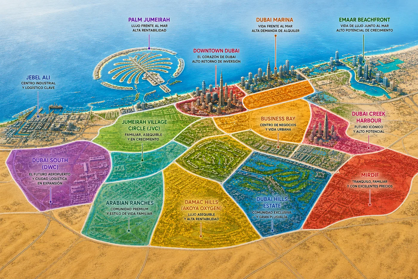 Mapa de las principales zonas para invertir en Dubai con el perfil de cada barrio