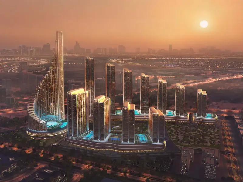Binghatti City, vista aérea al atardecer