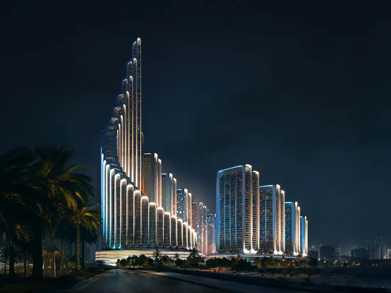 Binghatti Vision Iconic, torre al anochecer